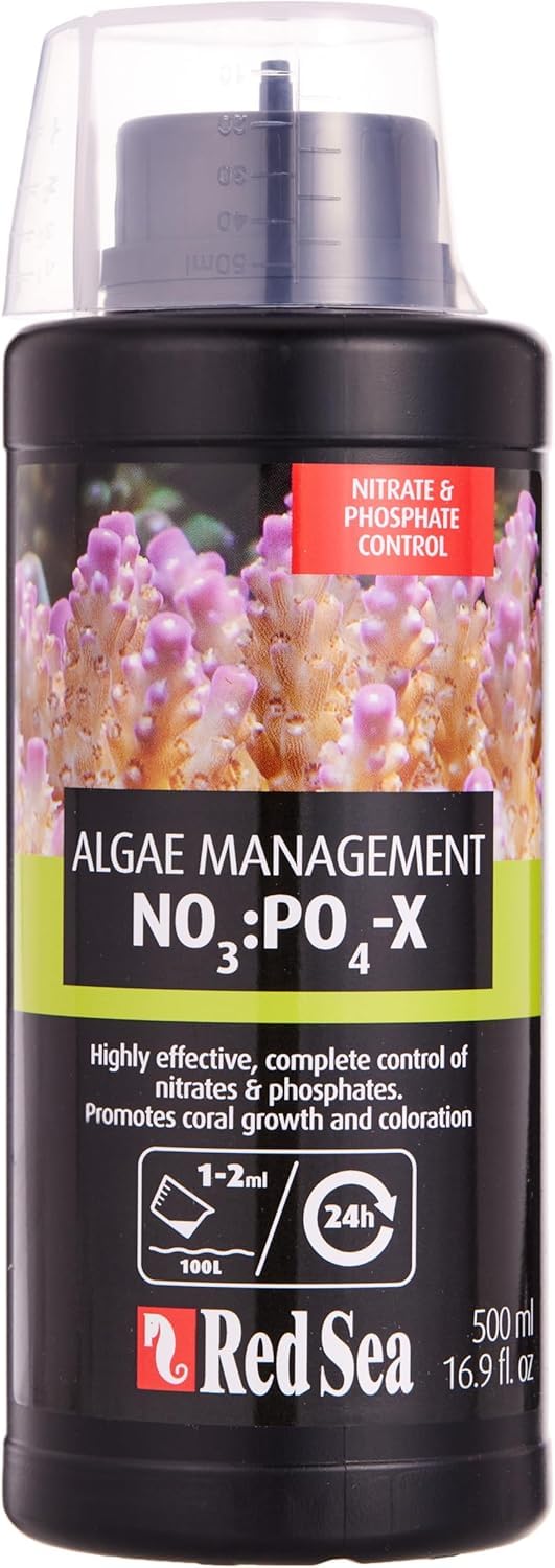 Red Sea NO3:PO4-X bottle close-up shows easy dosing for cleaner reef tank water.