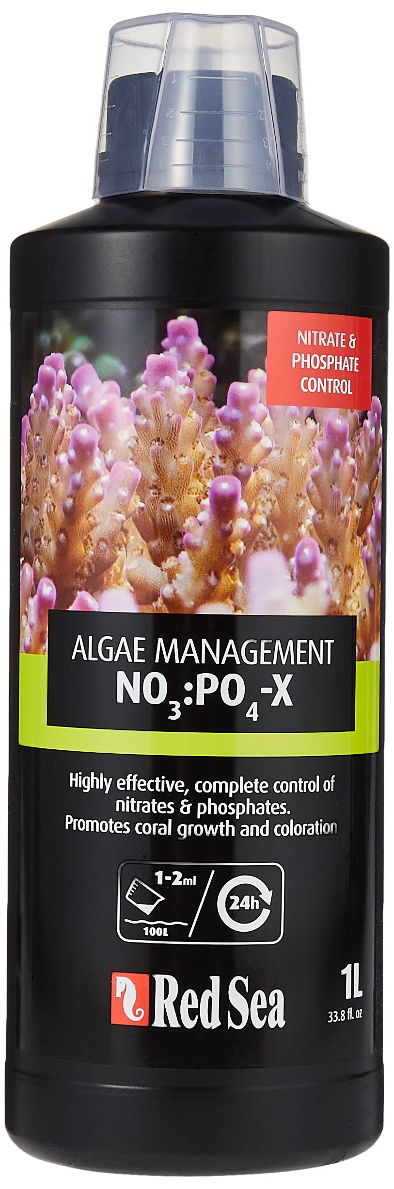 Red Sea NO3:PO4-X bottle pouring to reduce nitrates and phosphates in reef tanks
