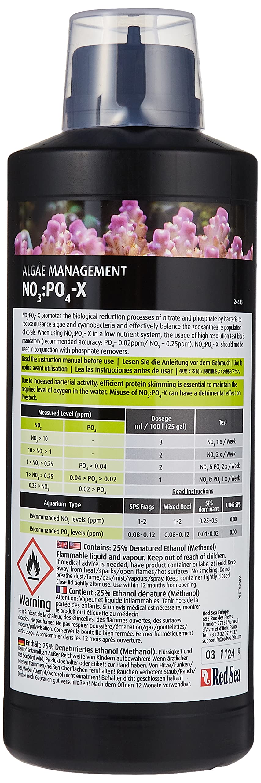 Red Sea NO3:PO4-X label close-up highlighting contents for aquarium water care