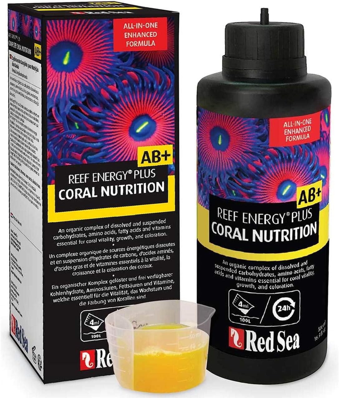 Red Sea Reef Energy Plus bottle pour shows easy dosing for reef tanks