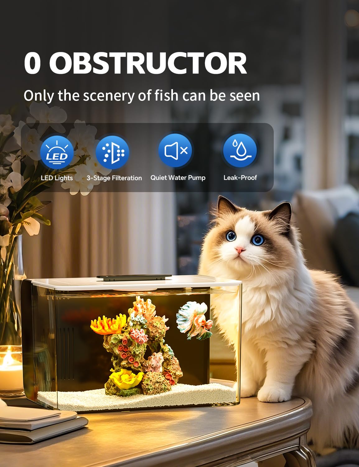 Red Tail Fish hidden filtration system keeps water clear and clutter-free.