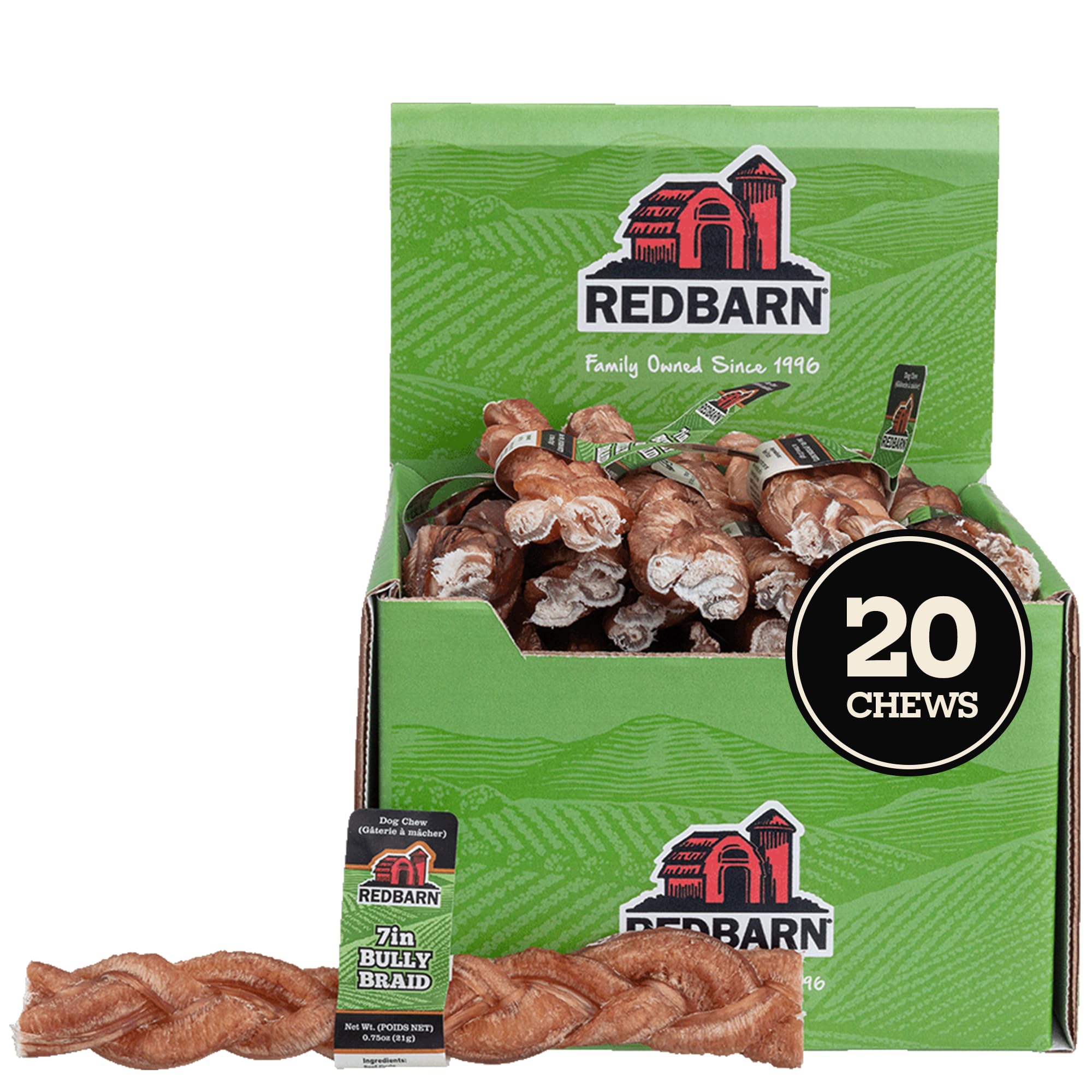 Redbarn 7inch braided bully stick closeup highlighting natural texture for durable dog chewing.