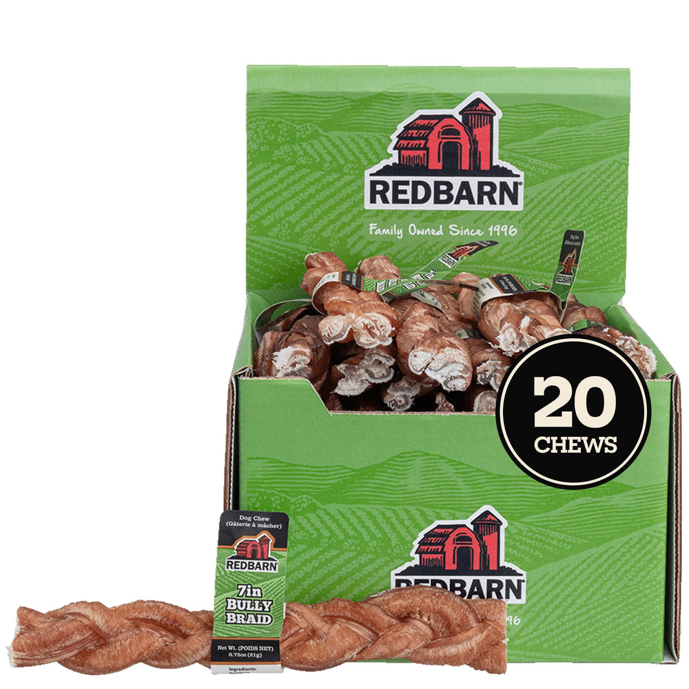 Redbarn 7inch braided bully stick closeup highlighting natural texture for durable dog chewing.
