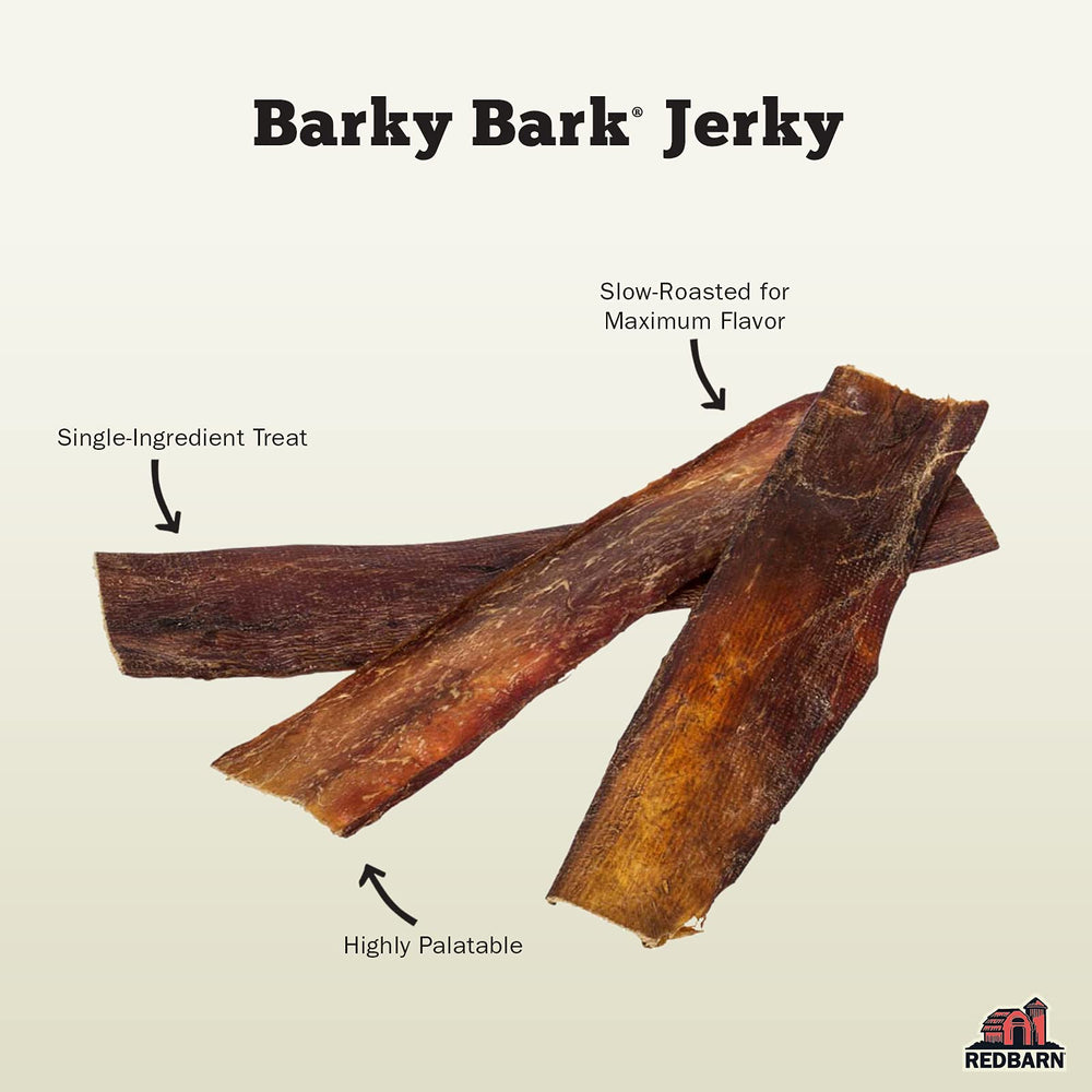 Redbarn Barky Bark Beef Jerky for Dogs grain-free, rawhide-free slices.