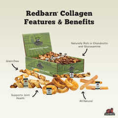 Redbarn beef collagen sticks dog-chewing closeup highlights dense texture and dental benefits.