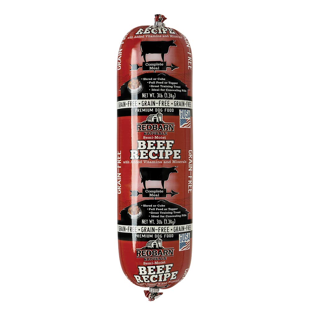 Redbarn Beef Roll 3lb packaging showing a grain-free roll for convenient feeding and storage.