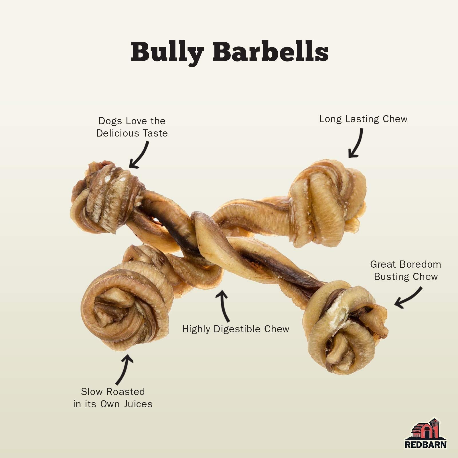 Redbarn Bully Barbells close-up highlights beef pizzle chew aroma and durability for dogs