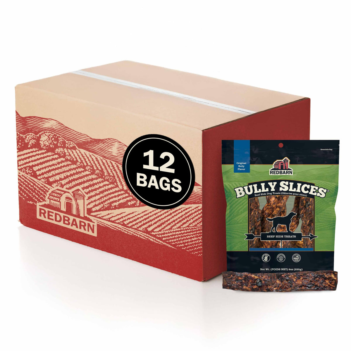 Redbarn Bully Slices packaging image highlighting all-natural ingredients and USA-made production