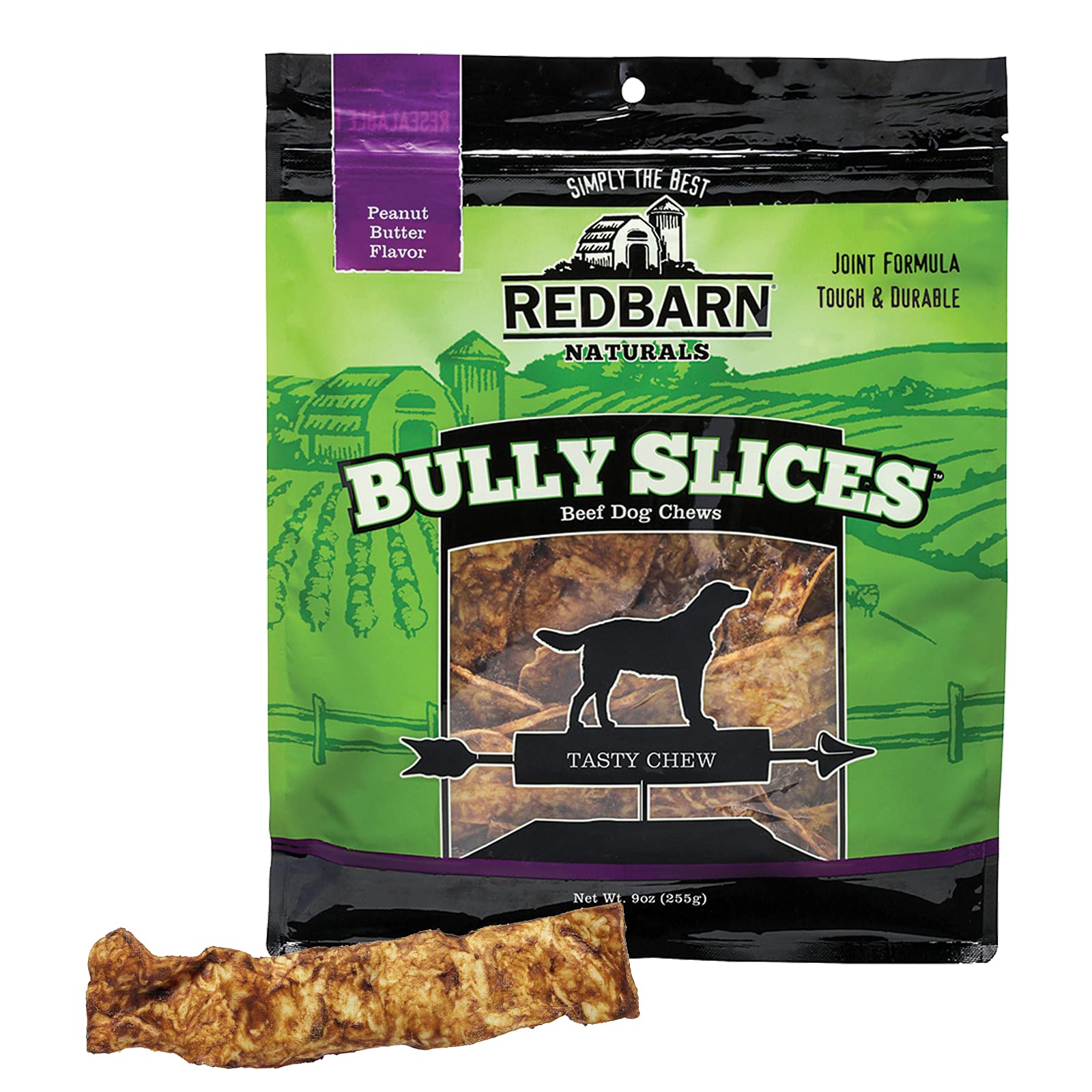 Redbarn Bully Slices peanut butter packaging image showing long-lasting chew.
