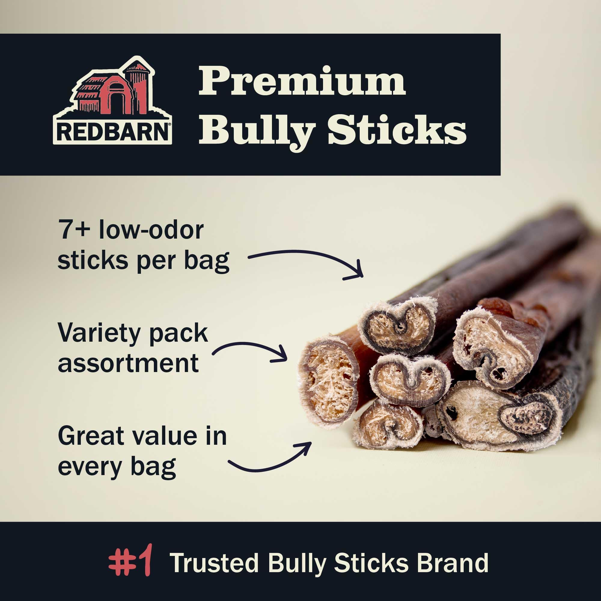 Redbarn bully sticks 1lb party pack packaging shown for bulk dog chews.