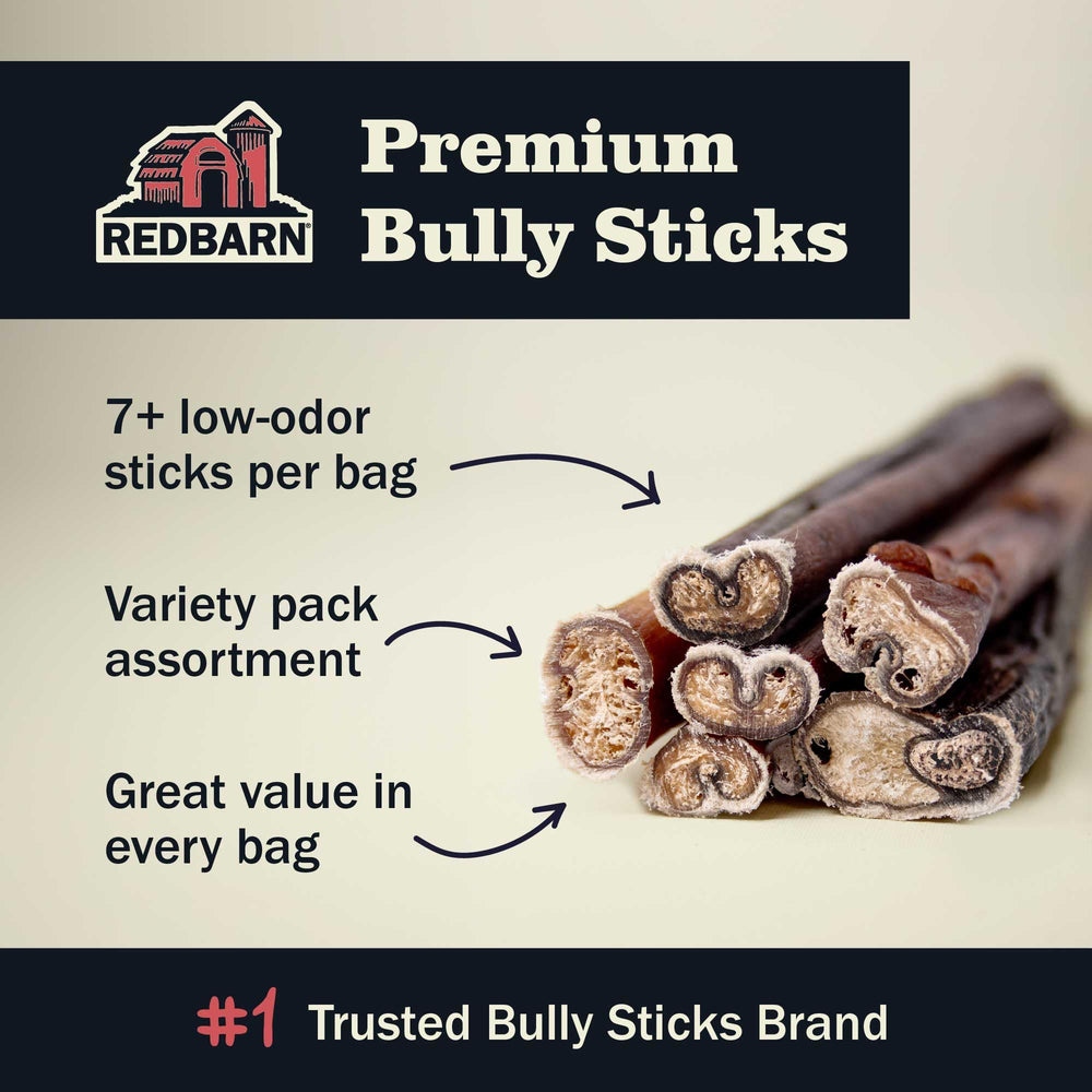 Redbarn bully sticks 1lb party pack packaging shown for bulk dog chews.