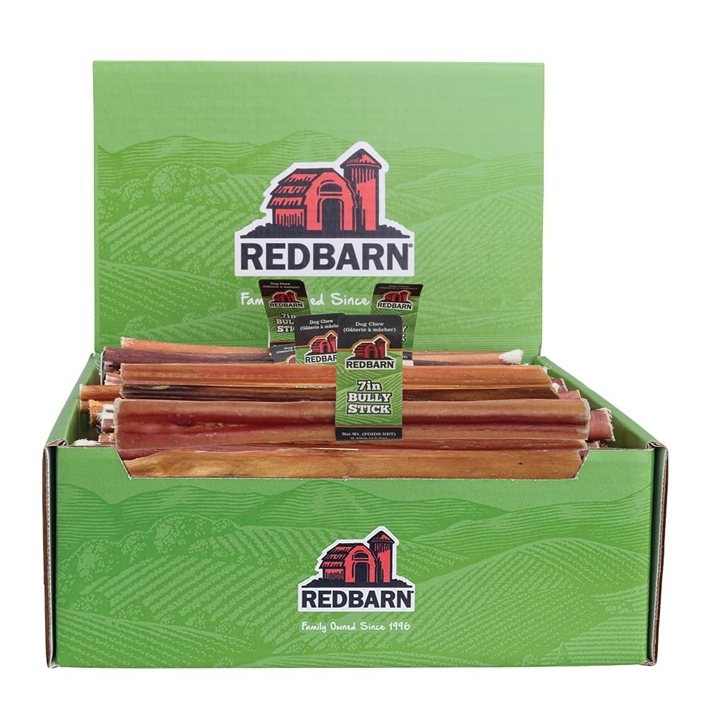 Redbarn bully sticks 7-inch dog chews case of 35 for durable rewards.