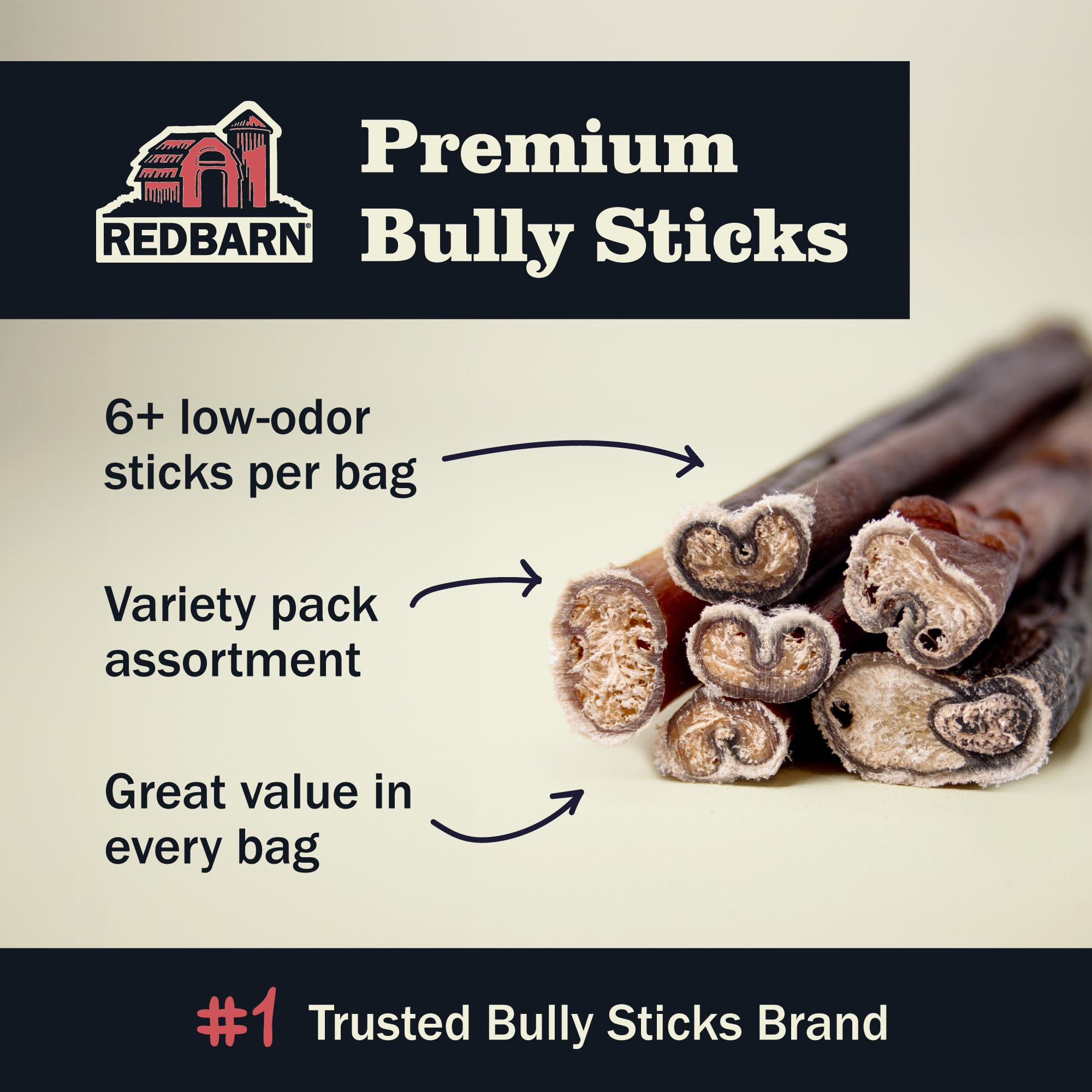 Redbarn Bully Sticks 8 oz bag close-up highlighting single-ingredient beef.