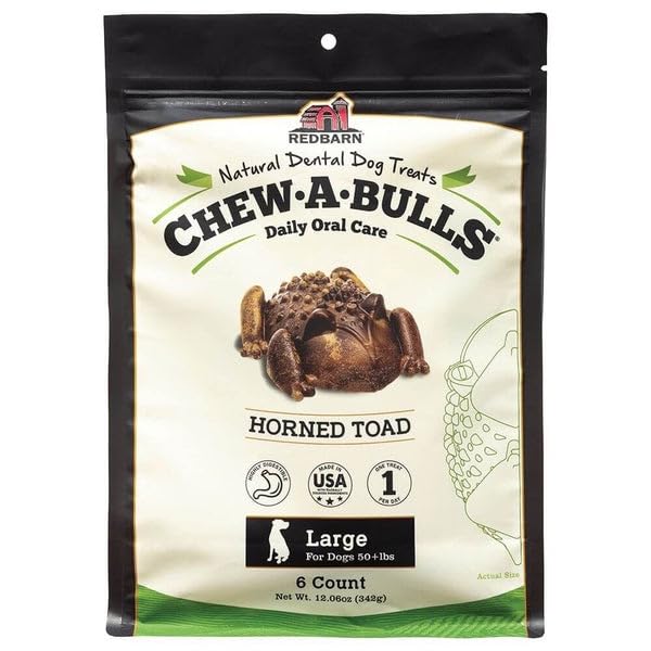 Redbarn Chew-A-Bulls all-natural ingredients label highlights low fat and digestibility.
