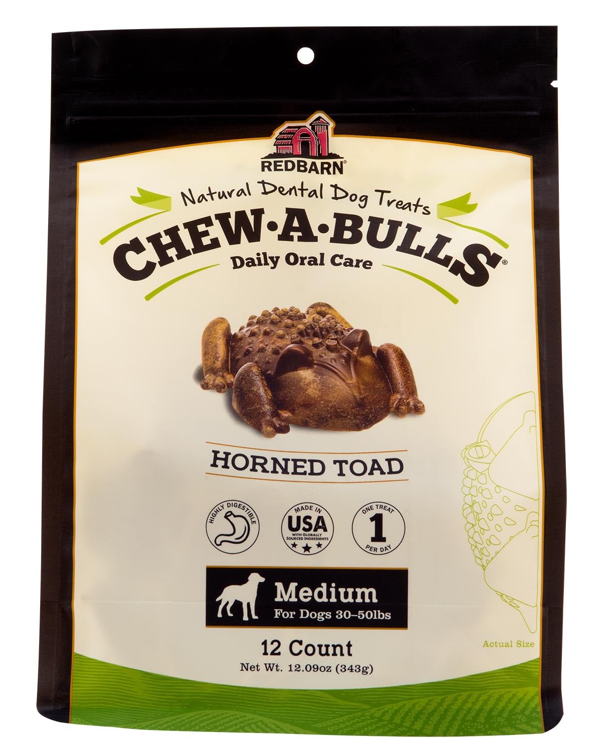 Redbarn Chew-A-Bulls pack shot for daily dog dental care and breath freshness.