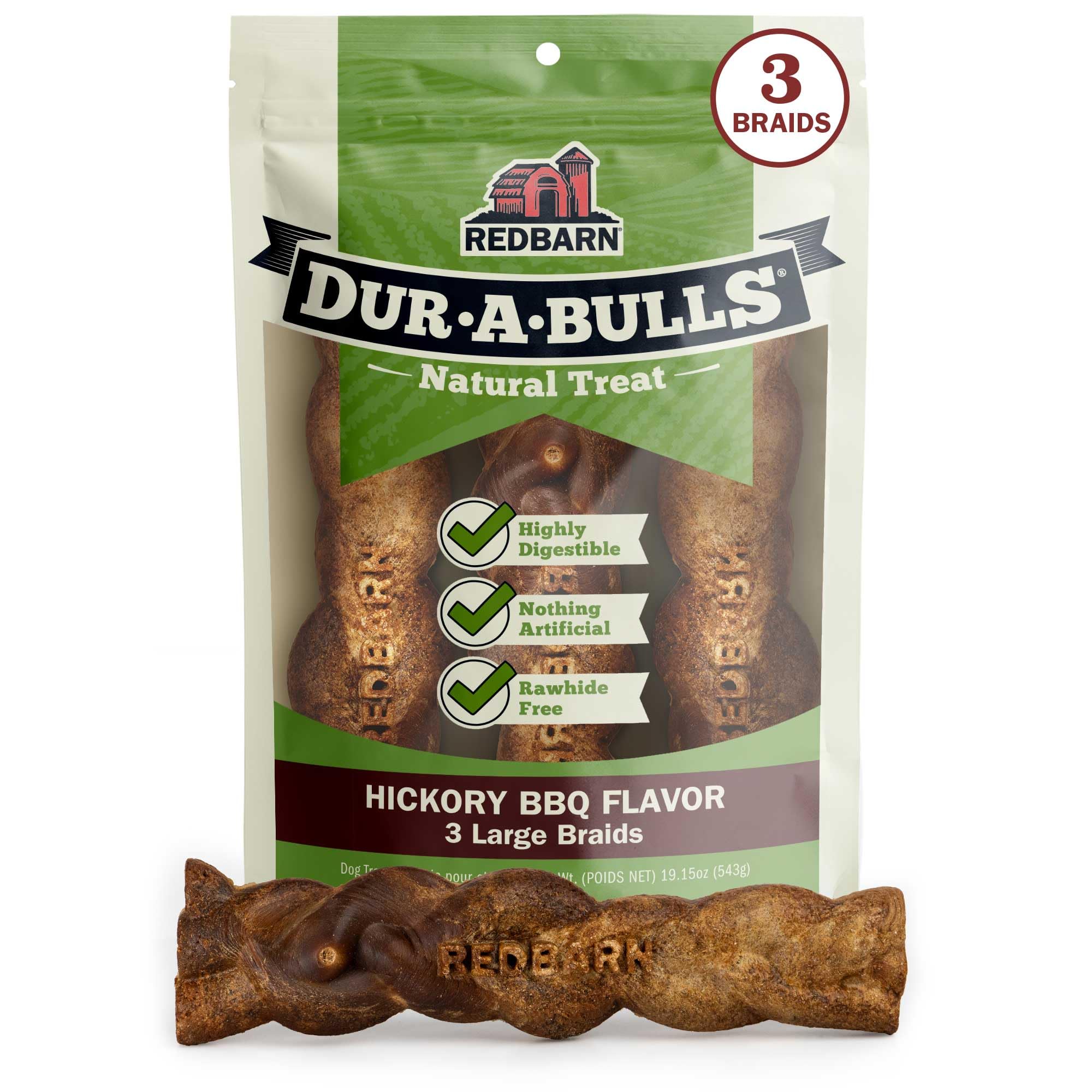 Redbarn Dur-a-Bulls hickory braid pack highlights long-lasting chew for dogs.