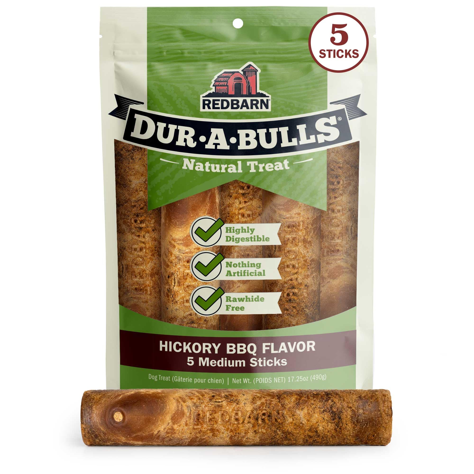 Redbarn Dur-A-Bulls Hickory-flavor dog treat sticks highlight natural ingredients and digestibility.