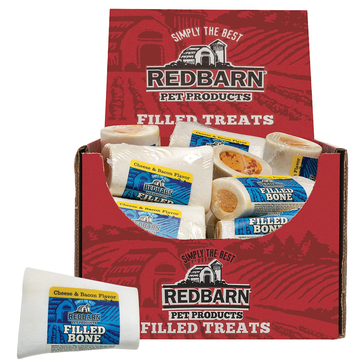 Redbarn Filled Dog Bones Cheese N' Bacon 3in pack ready for slow, satisfying chews