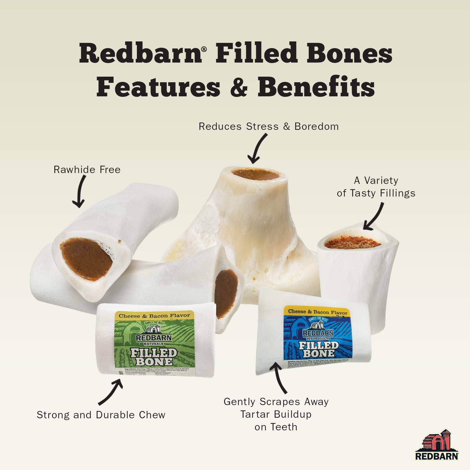 Redbarn Filled Dog Bones farm-sourced beef with no grains, baked safely for durable chews
