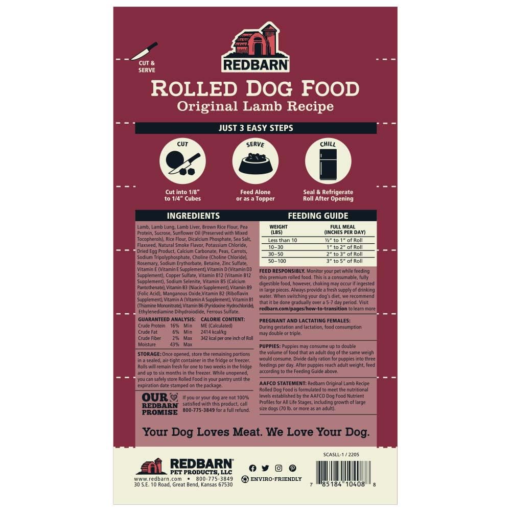 Redbarn Lamb Roll packaging front emphasizes USA-made quality and natural ingredients.