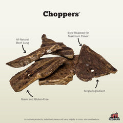 Redbarn Natural Choppers Beef Lung Chew bag label shows ingredients and USA origin