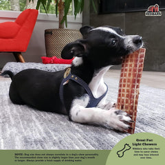 Redbarn Naturals Barky Bark beef treats chew action with dog enjoying a tasty chew.