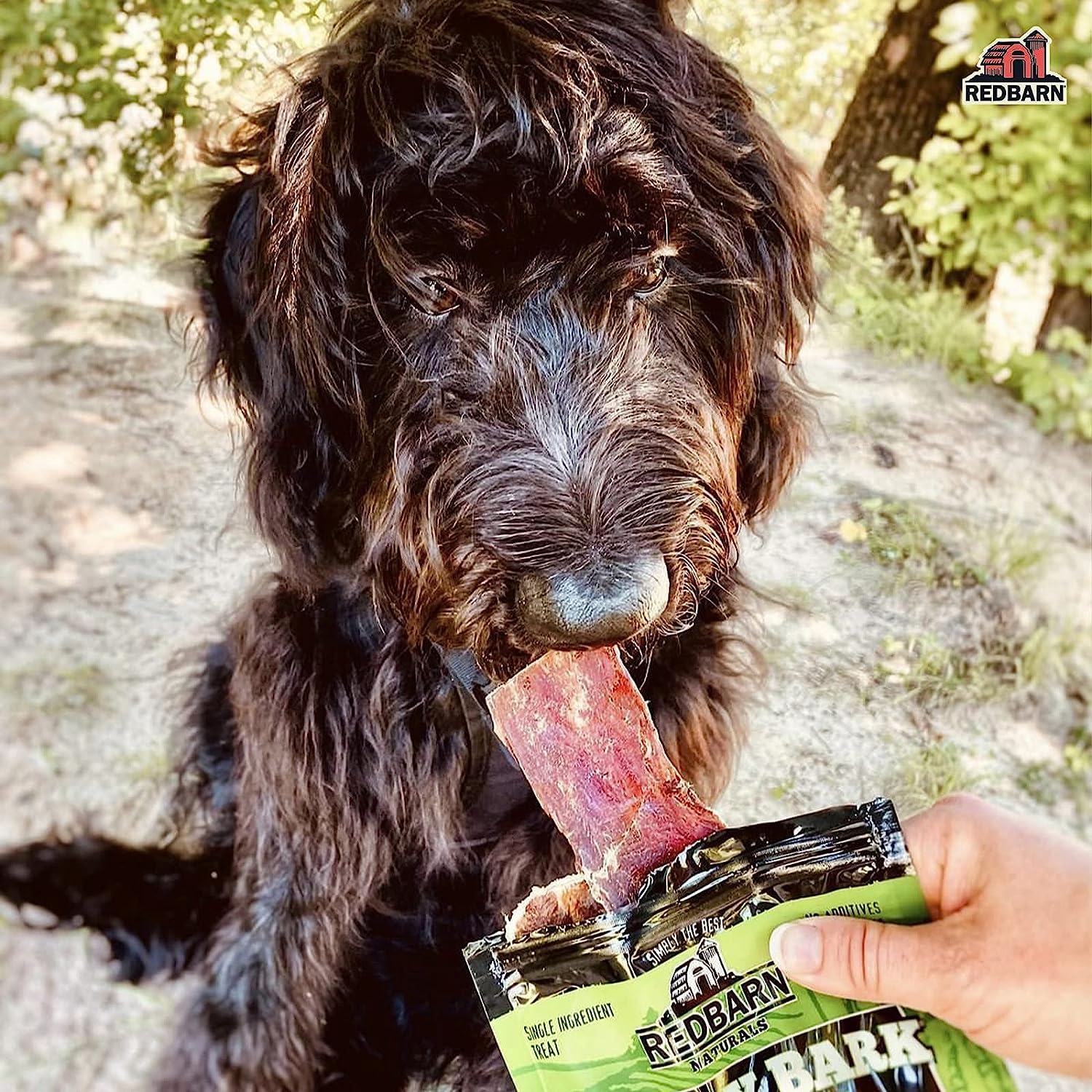 Redbarn Naturals Barky Bark beef treats ingredient-list focusing on single protein.