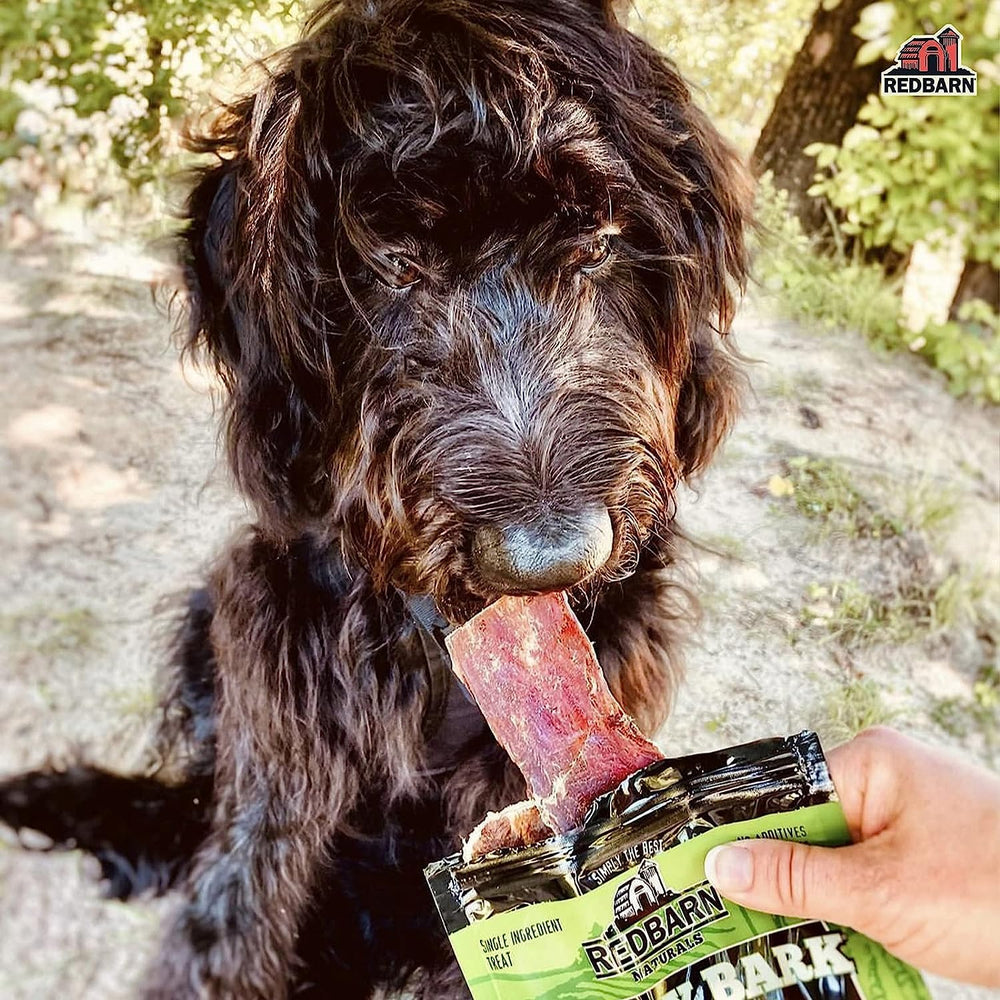 Redbarn Naturals Barky Bark beef treats ingredient-list focusing on single protein.
