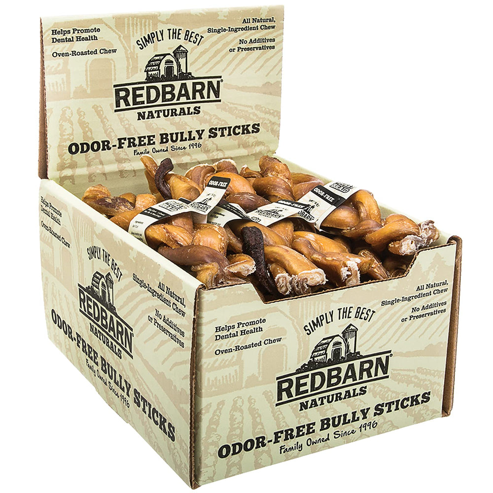Redbarn odor-free 7-inch braided bully stick for dogs, offering a mess-free, satisfying chew.