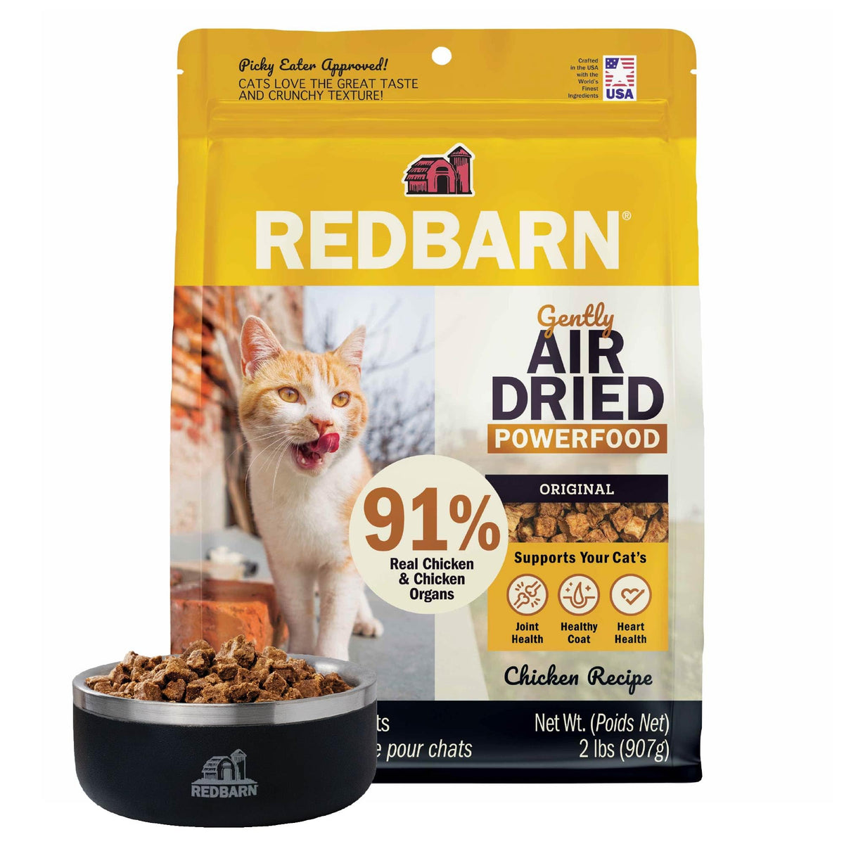 Redbarn Powerfood real chicken bowl delivers high-protein taste for active cats.
