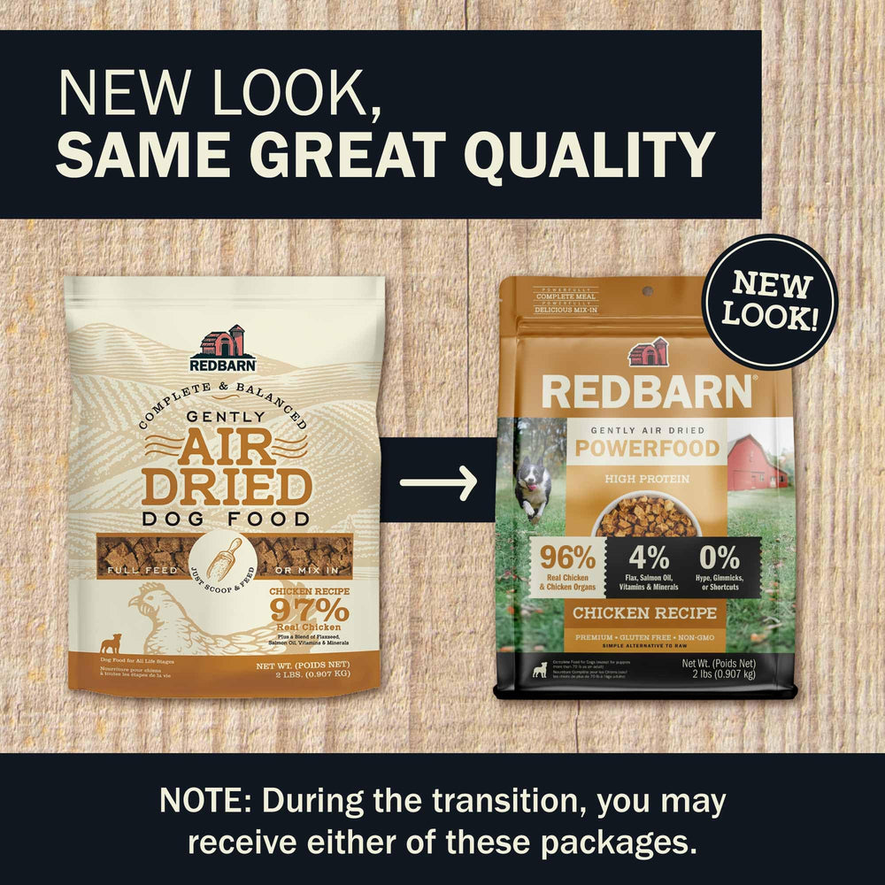Redbarn Powerfood 5lb bag label shows USA-made premium nutrition.