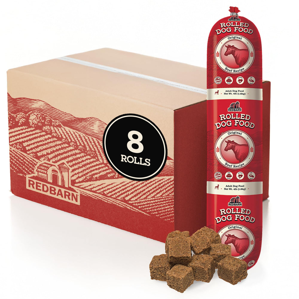 Redbarn Premium Rolled Dog Food beef roll pack shows high-protein nutrition for all life stages