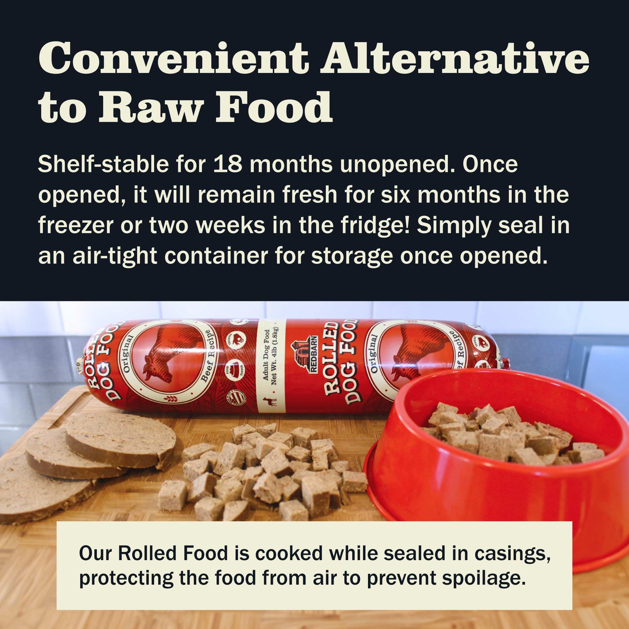 Redbarn Premium Rolled Dog Food eight-rolls package emphasizes long-term storage without refrigeration