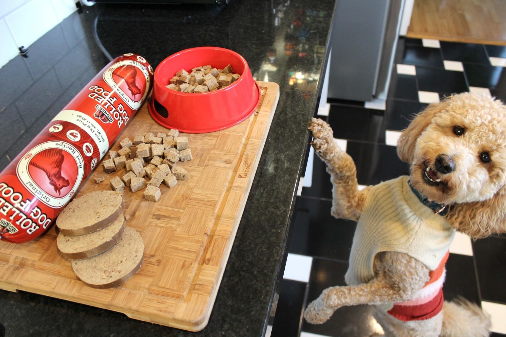 Redbarn Premium Rolled Dog Food fresh protein detail accents over 50% protein per roll