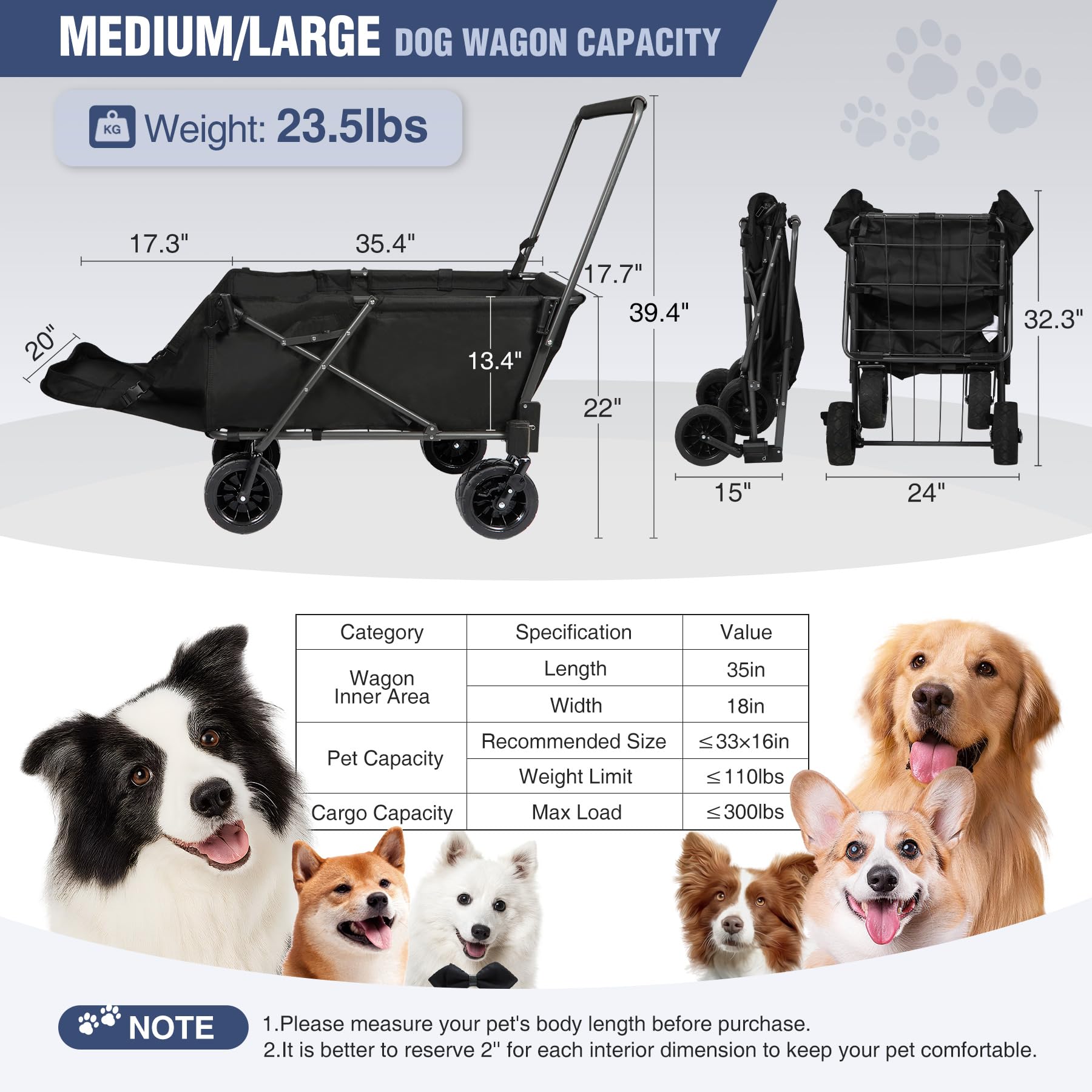 REDCAMP folding dog wagon adjustable handle for easy steering