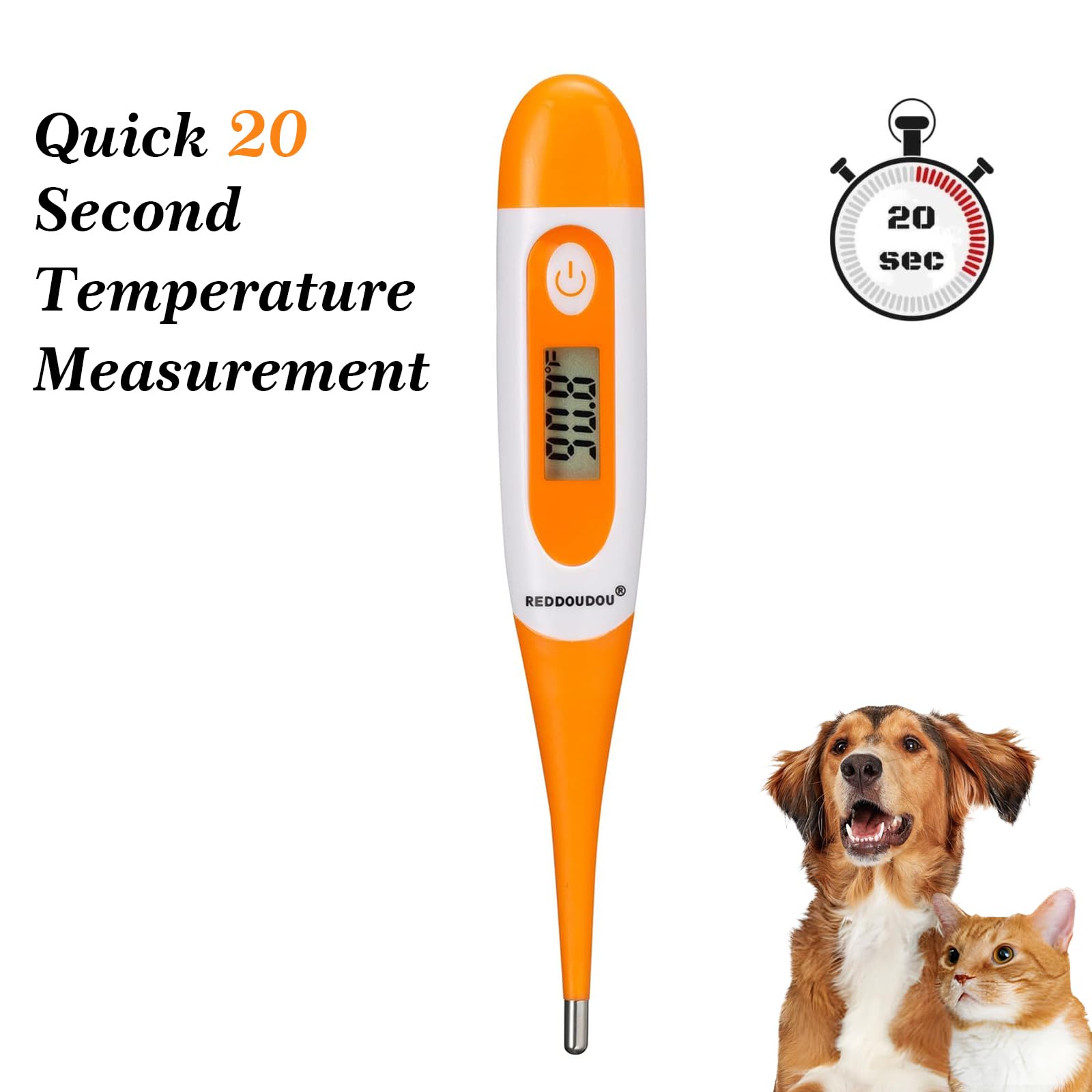 REDDODOU digital pet thermometer tip closeup highlighting flexible tip comfort