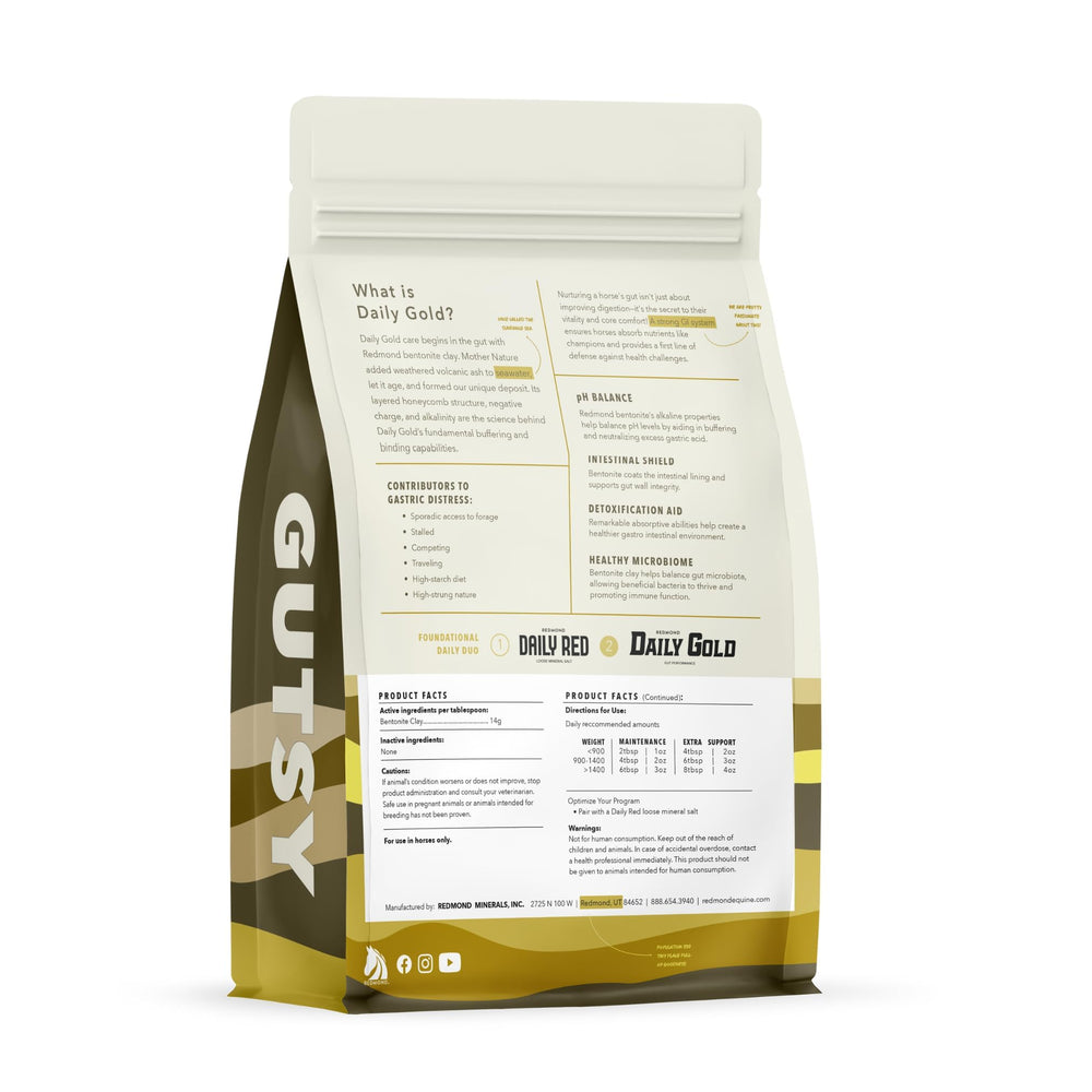 Redmond Daily Gold label close-up highlights natural digestive support for equine health.