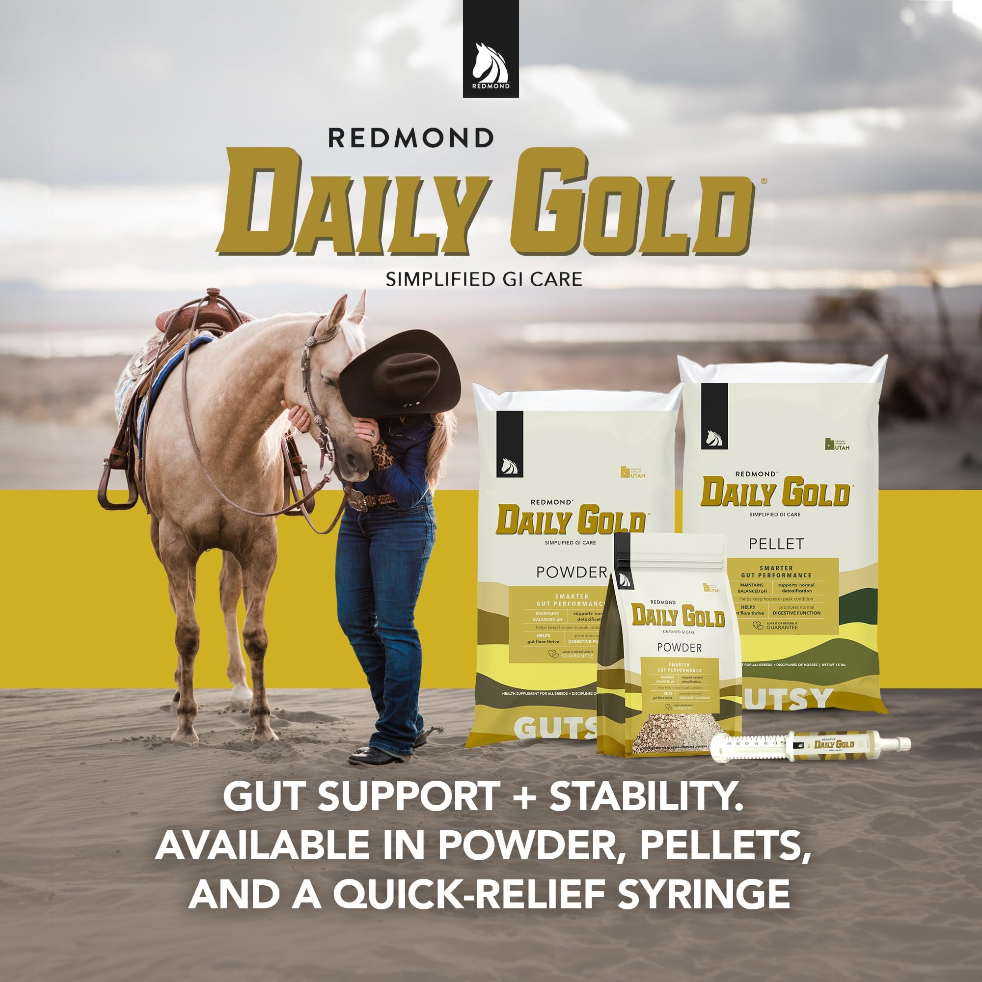 Redmond Daily Gold in stable feeding scene suggests gut comfort during training.