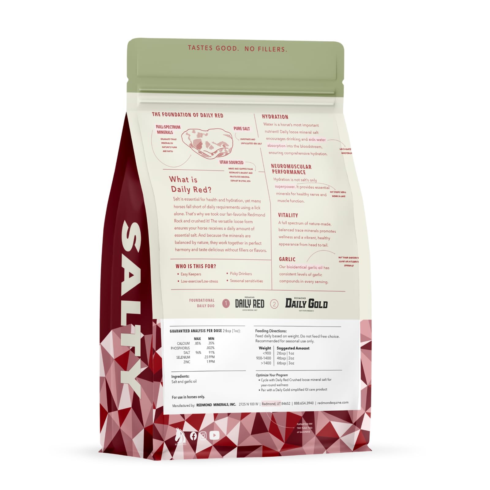 REDMOND Daily Red Crushed bag back lists ingredients and guidance.