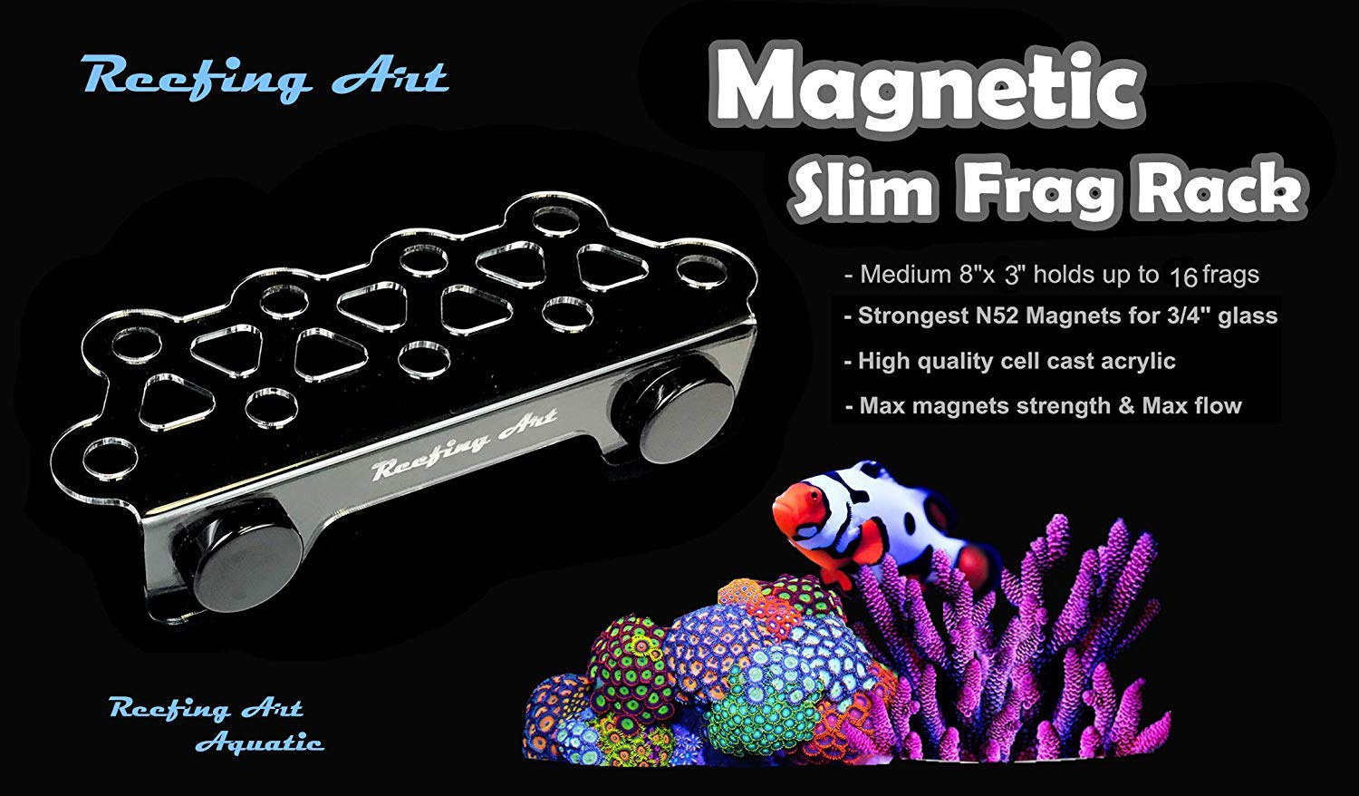 Reefing Art frag rack on glass highlights space-saving display for growing corals and frags.