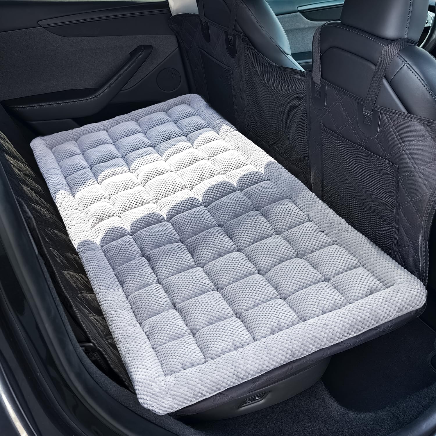 REEVAA dog bed mat backseat gray closeup shows plush surface for cozy car rides