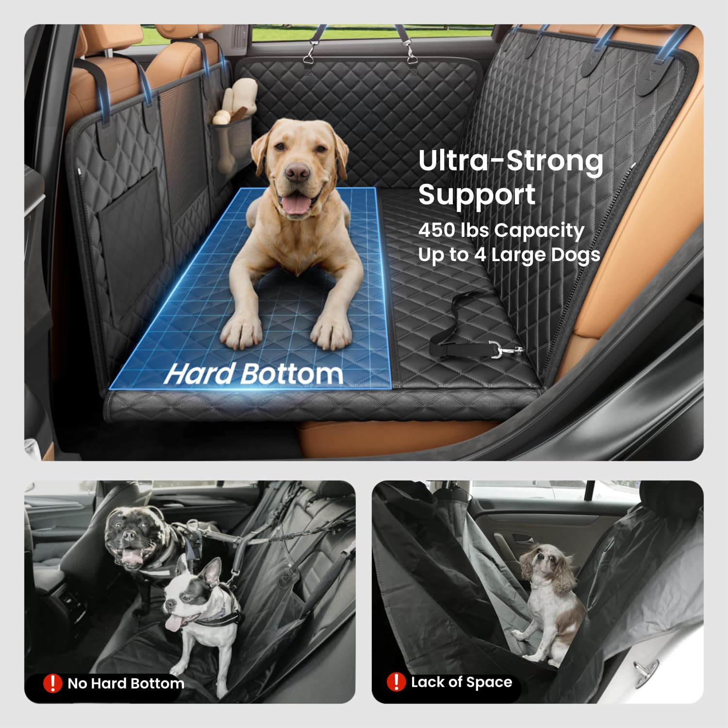 REEVAA hammock extended to 25 inches supports two large dogs for relaxed road trips.
