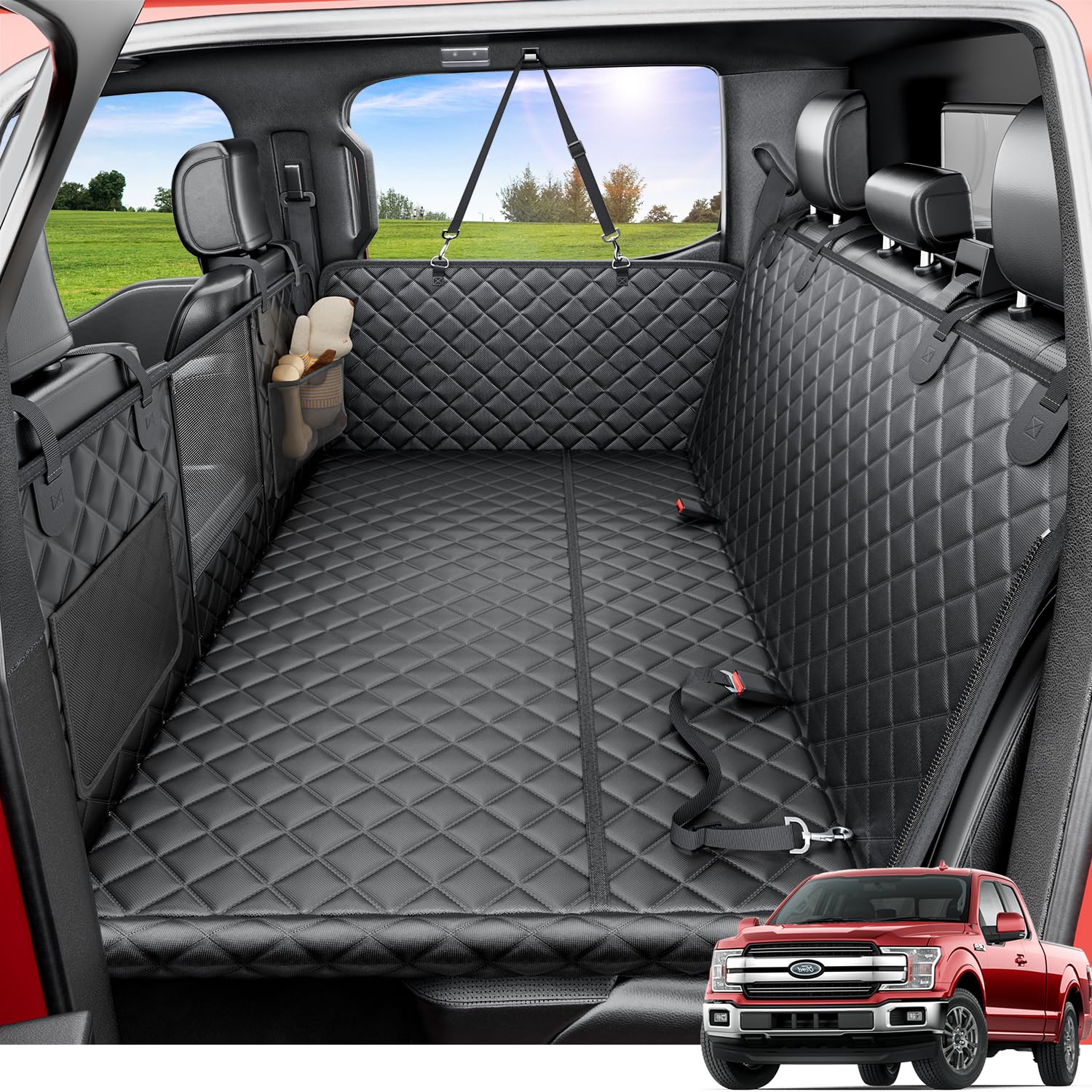 REEVAA dog truck seat cover XL hammock shows roomy space for large dogs on road trips.