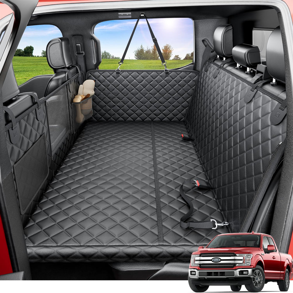 REEVAA dog truck seat cover XL hammock shows roomy space for large dogs on road trips.