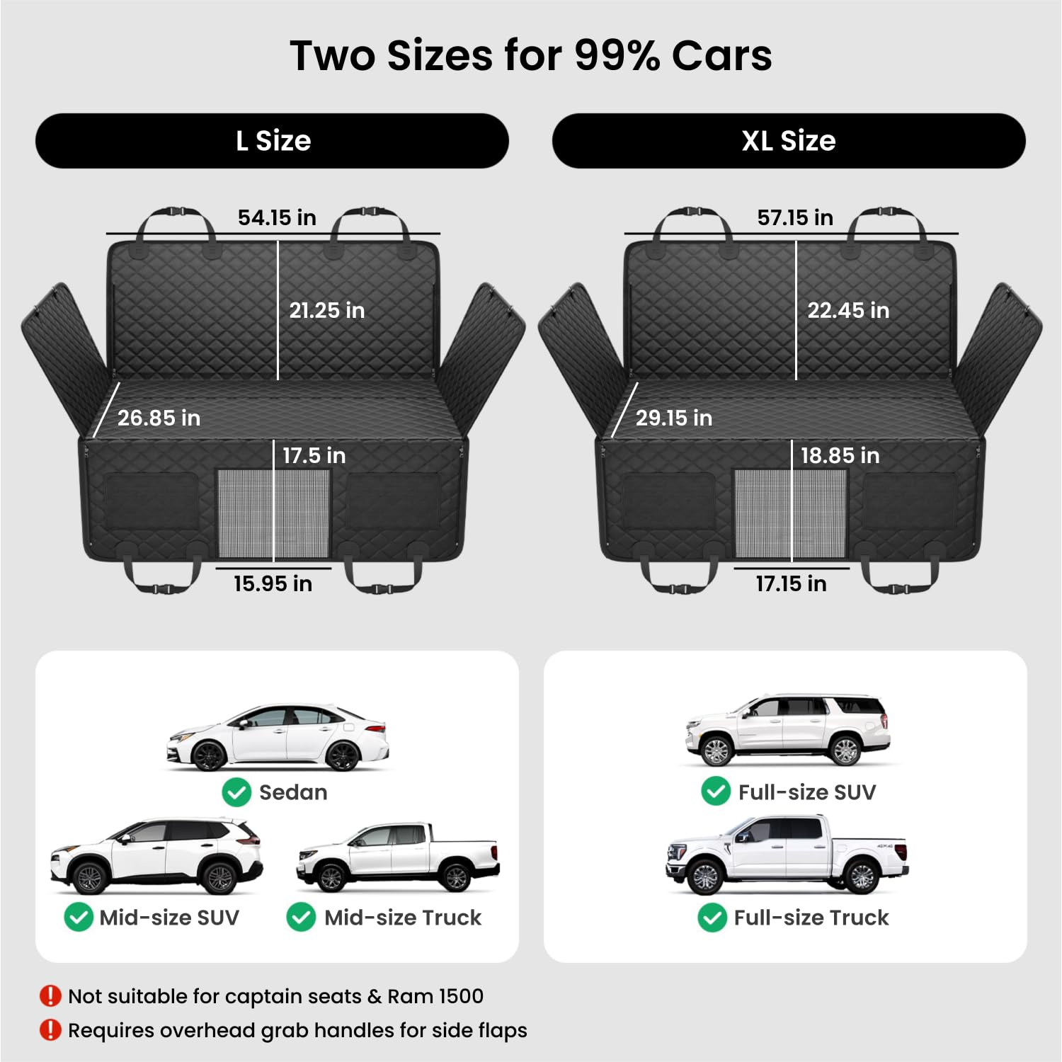 REEVAA universal xl-fit image shows compatibility with crew cab trucks and large SUVs.