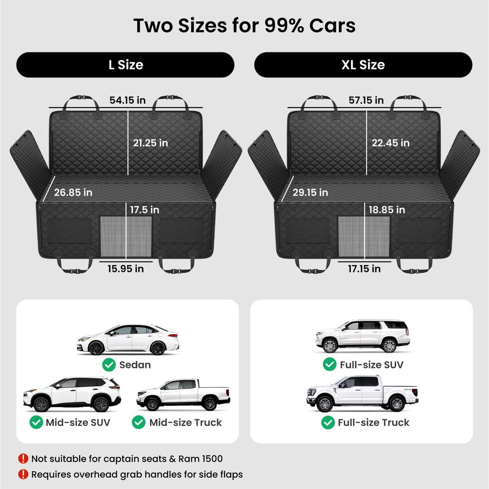 REEVAA universal xl-fit image shows compatibility with crew cab trucks and large SUVs.