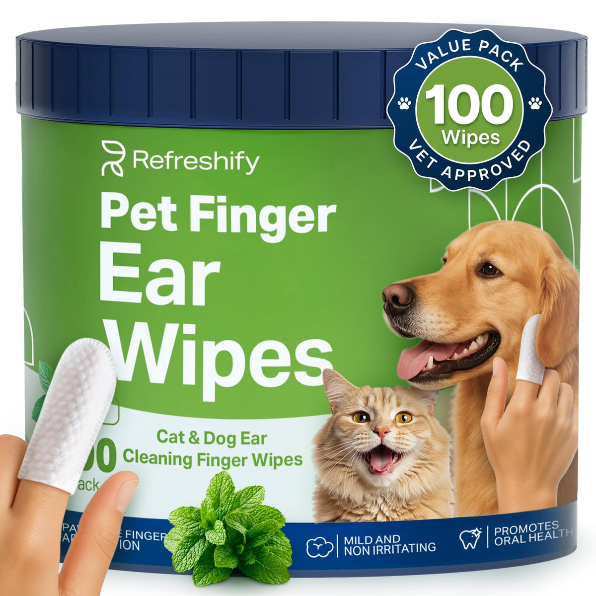 Refreshify dog ear wipes 100-pack mint scent for easy at-home ear cleanup.