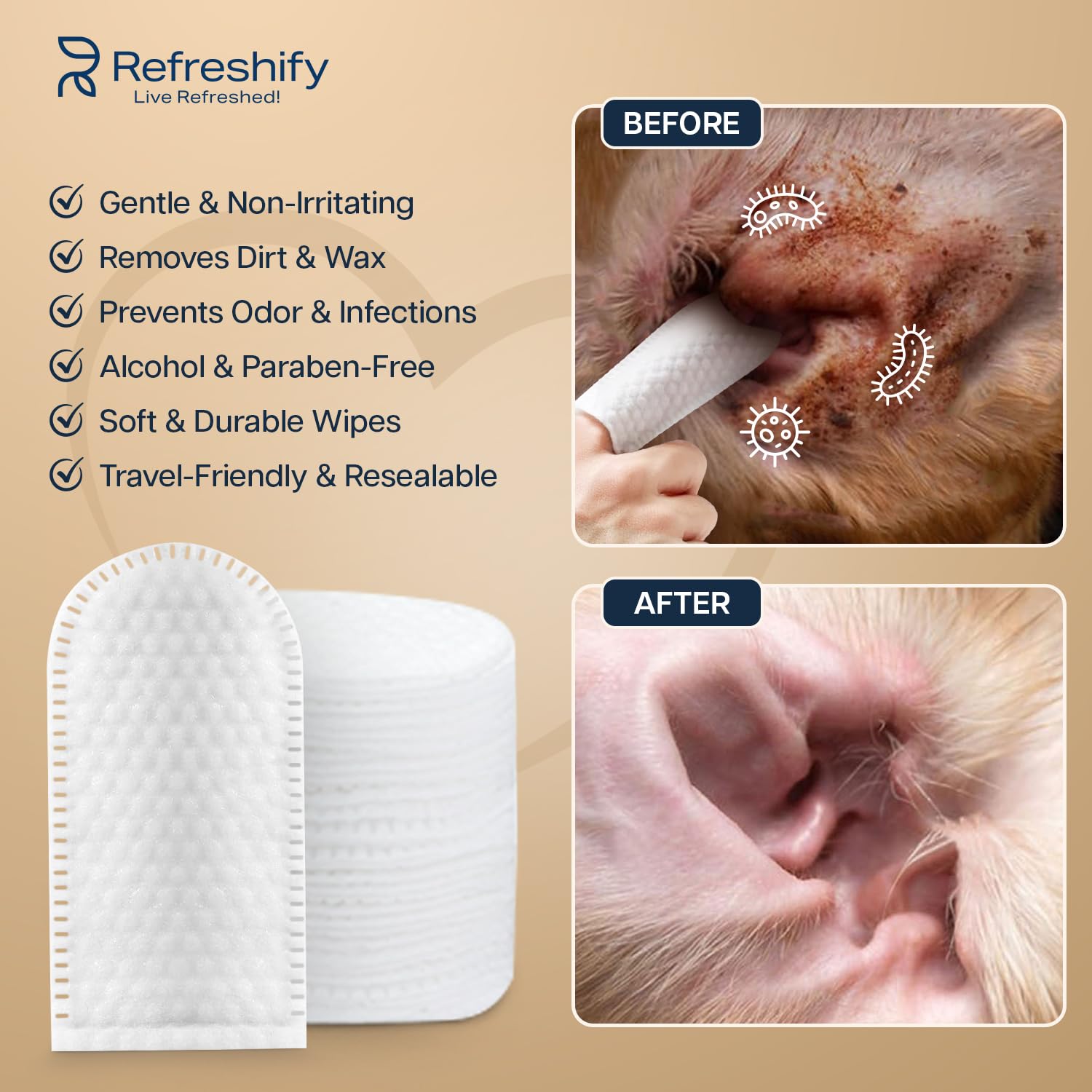 Refreshify wipes feature ergonomic, textured tips for comfortable cleaning.