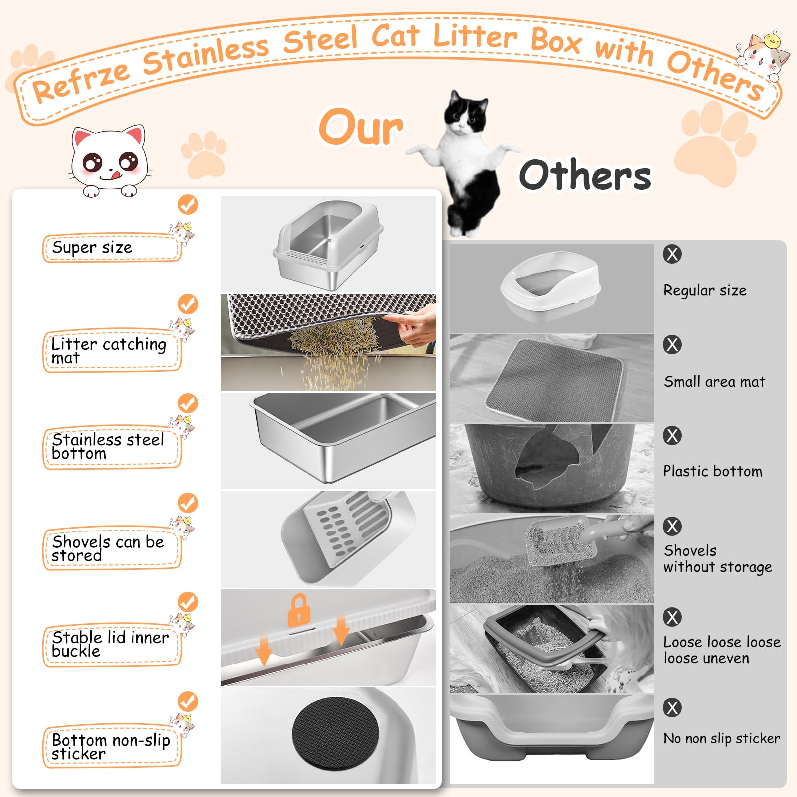 Refrze stainless steel litter box surface is non-stick and easy to rinse.