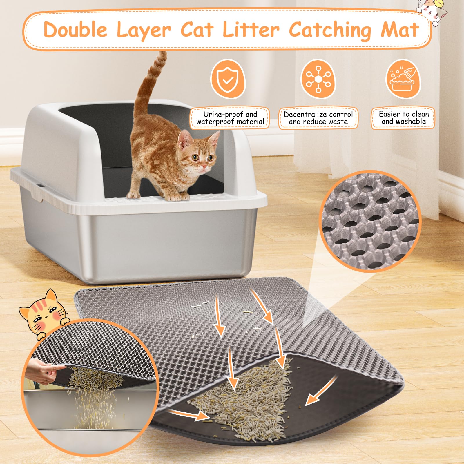 Refrze stainless steel litter box non-stick surface for easy cleaning and odor control.